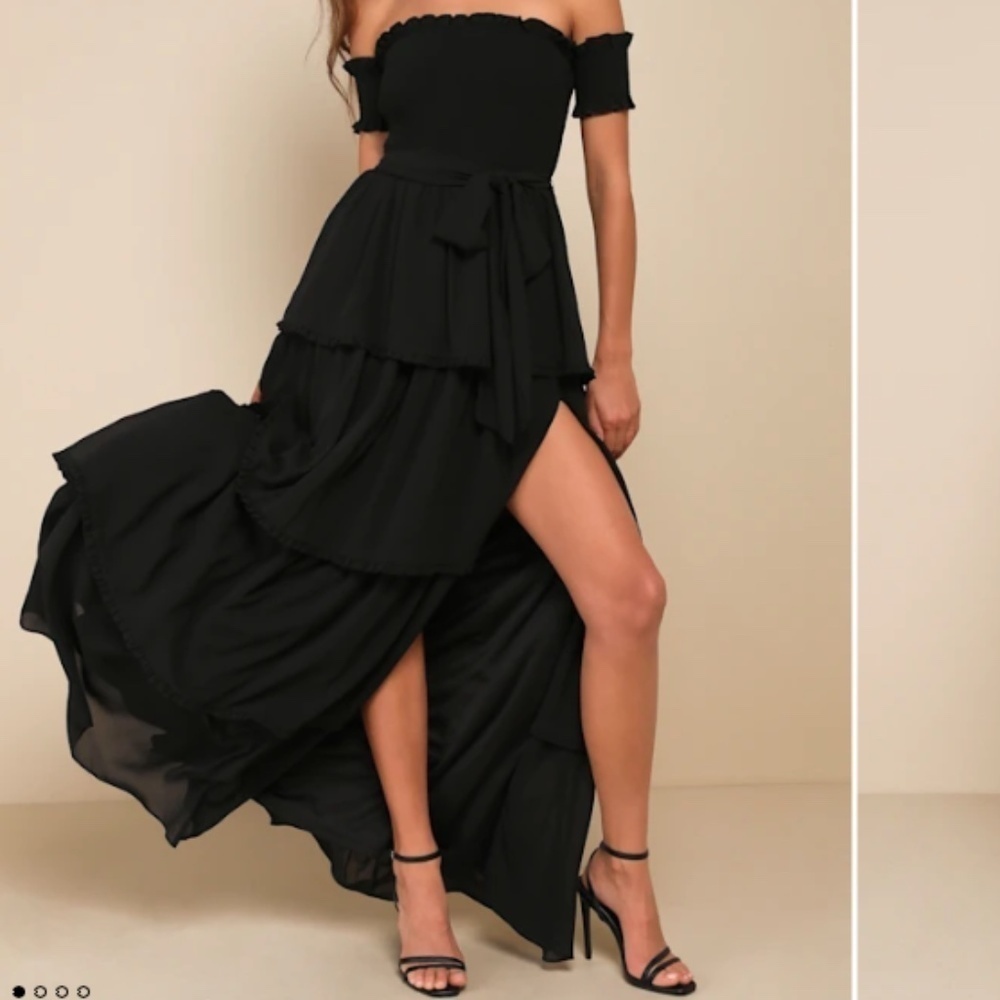 Lulu's Black Off-Shoulder Tiered High-Slit Maxi Dress